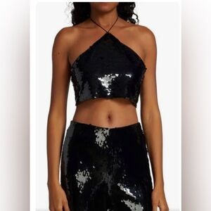 Black 2-piece sequined pant set.